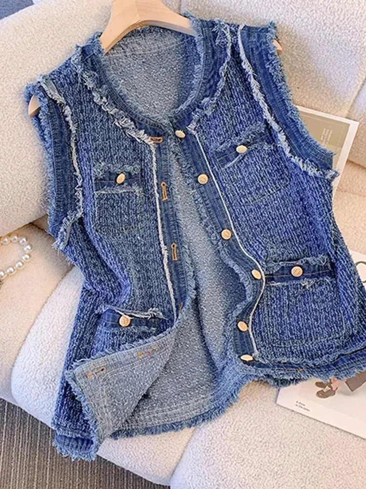 Elegant Lady Vests Blue Spring Autumn Flow Sleeveless Tank Top Coat Women Single Breasted Plaid Denim Vest with Tassel pants buffalo plaid ripped hole patch distressed denim jeans in blue size l