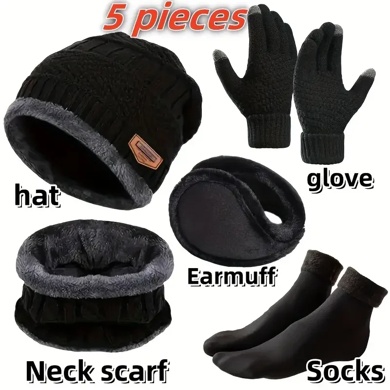 Men's winter outdoor hat set, including plush lined woolen hat, gloves, earmuffs, and non slip socks, providing protection for e