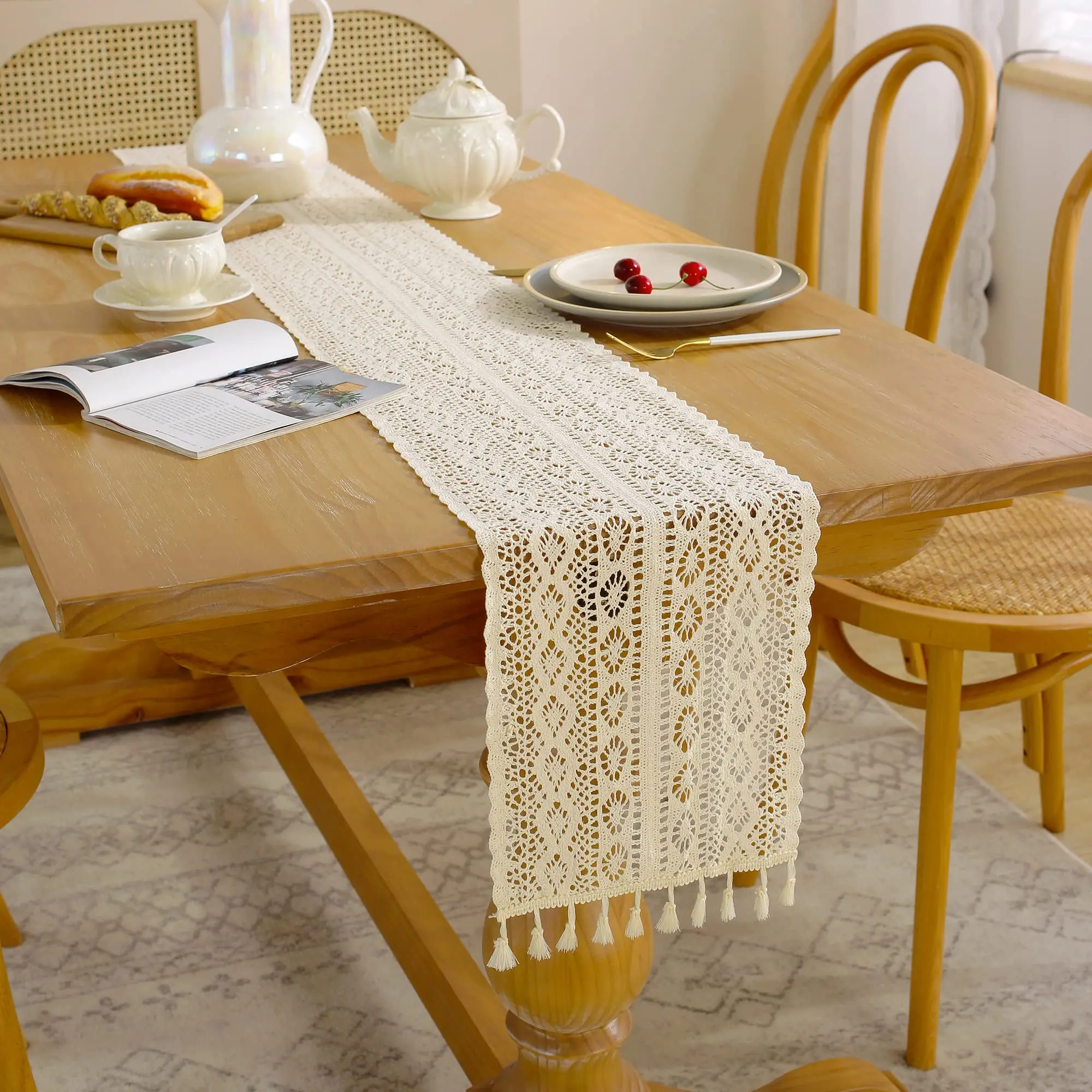 

Cotton Lace Boho Beige Table Runner Farmhouse Style Vintage Home Bridal Shower Country Wedding Party Coffee Dining Table Decor