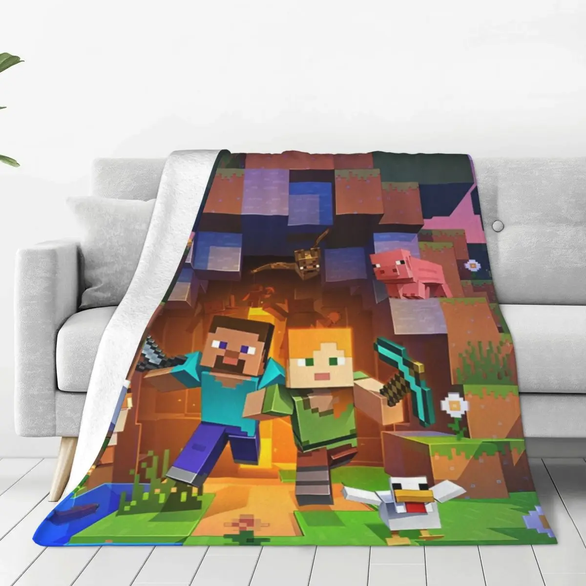 Cartoon Mines Pixel Game Crafts Flannel Blanket Super Warm Throw Blanket for Home Decor Decorative Street Trend Bedspread 2