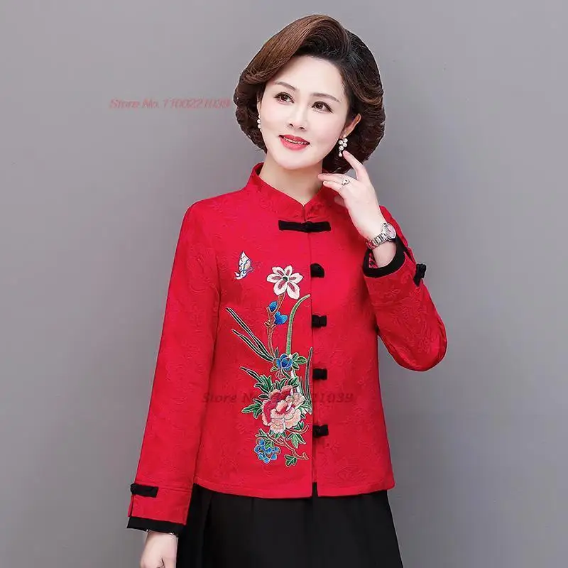 

2023 national flower embroidery retro coat chinese vintage cotton-padded jacket traditional tang suit oriental thicken warm coat