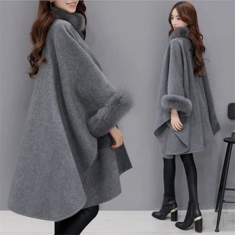 Hepburn Wind Woolen Women's Autumn Winter Mid length Thickened Woolen Coat Imitation Rabbit Hair Collar Women's Clothing Cloak C