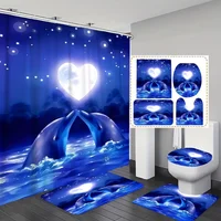 Romantic Dolphin Heart Ocean Theme Bathroom Set - Waterproof Shower Curtain, Toilet Lid Cover, Bath Mat, and Contour Mat 1