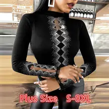

Womens Blouse Femme Studded Sheer Diamond Mesh Long Sleeve Tops T Shirt S-8XL Plus Size Clothing for Women