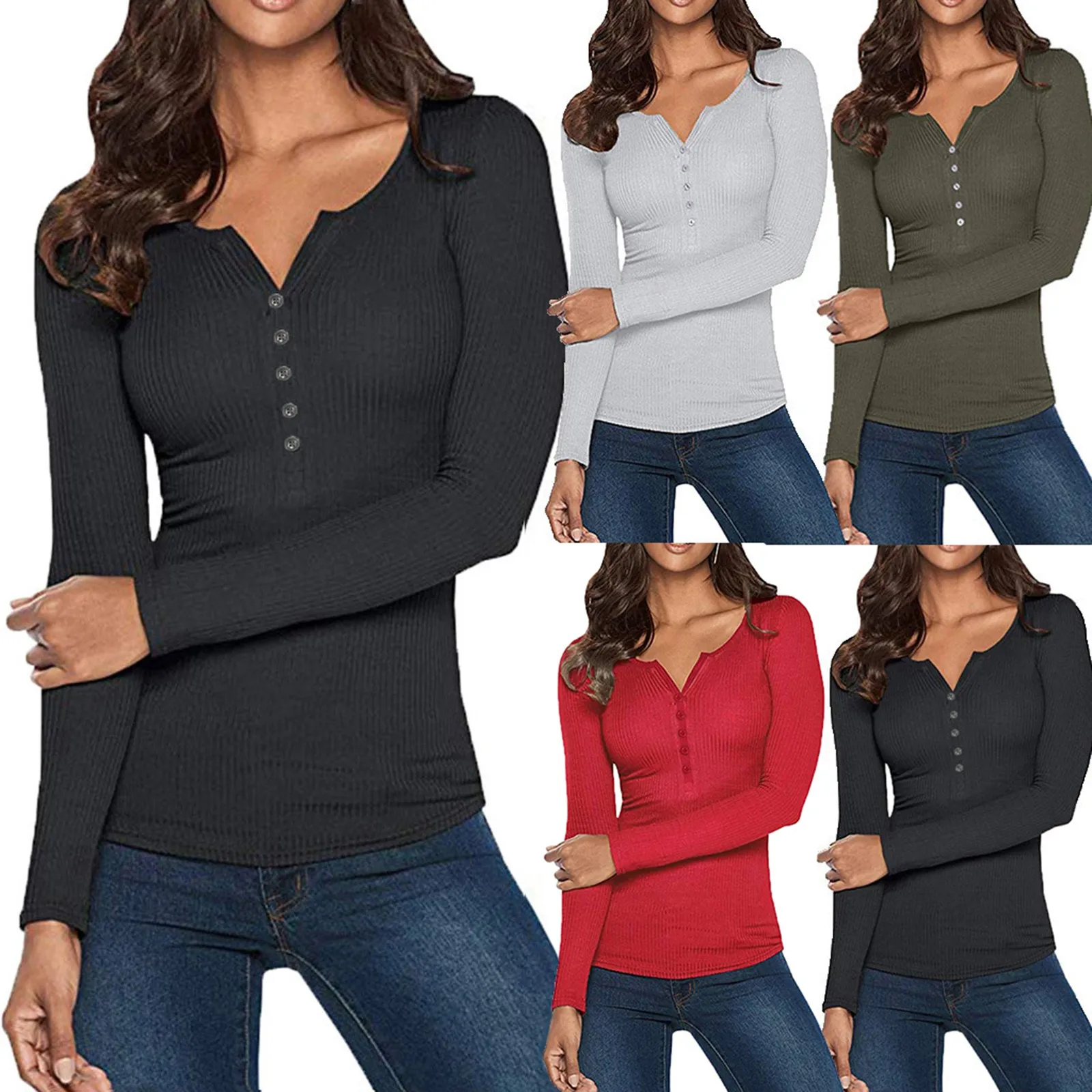 

Ladies Solid Color Tees Shirts V Neck Button Long Sleeve Slimming Fit Sexy Blouses Ribbed Simplicity Casual Tunic Tops For Women