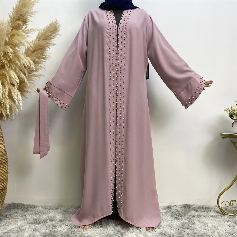 Dubai Nail Bead Kimono Sleeve Cardigan Women Open Front Robe Muslim Islamic Lace Abaya Kaftan With Belted Ramadan Dress