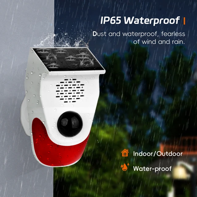 SMARSECUR Outdoor Solar Sound Light Alarm Motion Sensor, Battery 120DB Siren Sound Alert Flash Strobe Security Alarm System 4