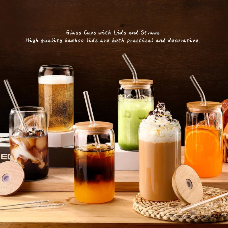 480ml Glass Cup With Lid and Straw Transparent Bubble Tea Cup Juice Glass Beer Can Milk Mocha Cups Breakfast Mug Drinkware 4