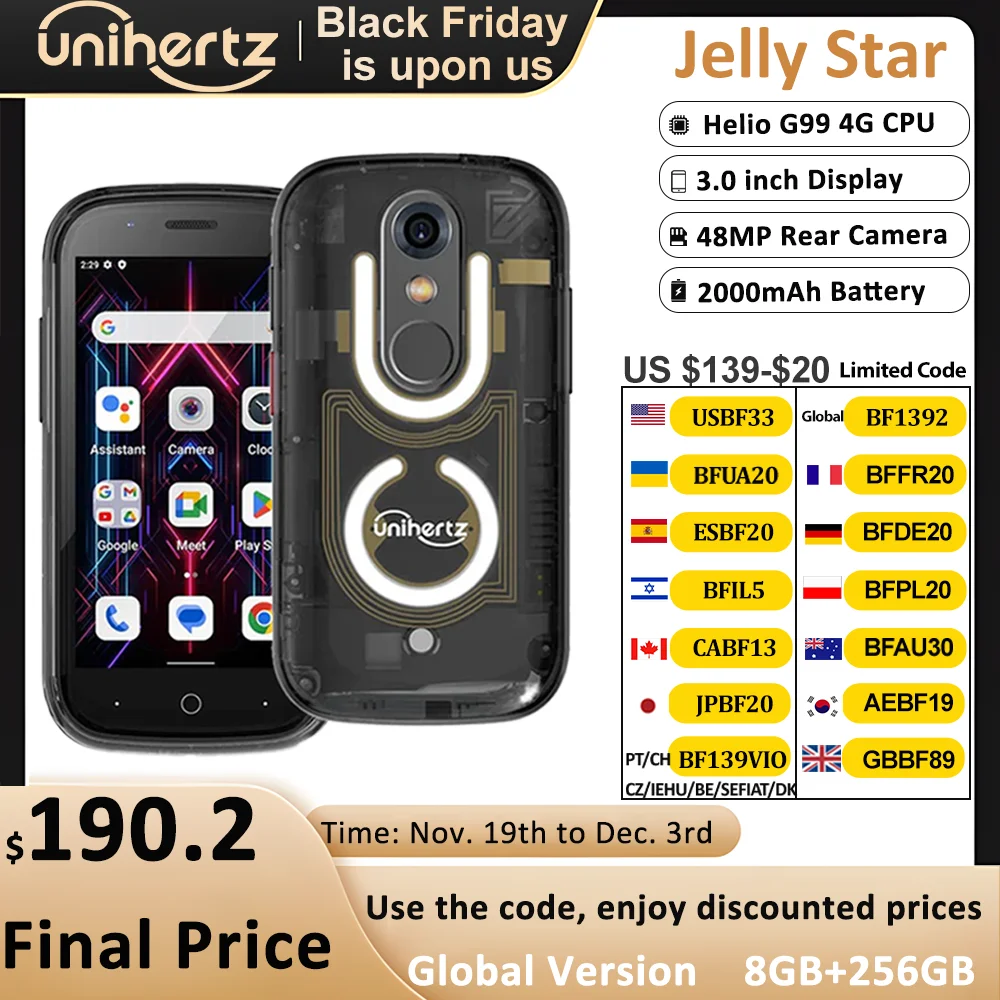 Unihertz Jelly Star Android 13 8GB 256GB Led Light Unlocked Transparent Backshell 48MP 3 inch 2000mAh