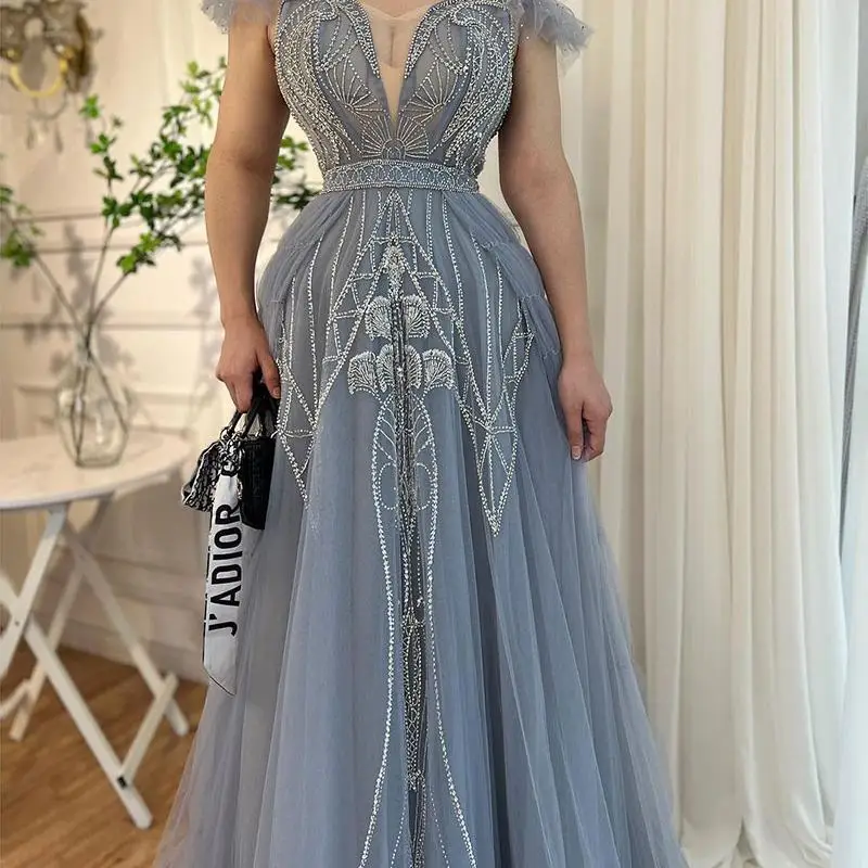 

Blue Sexy Off Shoulder A-Line Beaded Arabic Luxury Evening Dresses 2024 For Women Party Gowns Prom Dress
