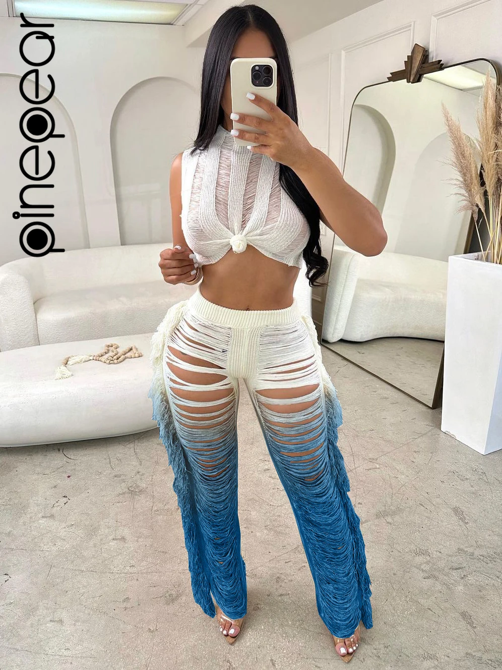 

PinePear Sexy Women Pants Set Tassel Hollow Out Knitted Crochet Summer Beach Two Piece Suits 2024 New Fashion Beachwear Outfits