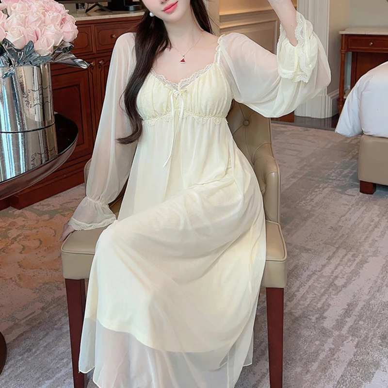 

Lady Princess Style Sleepwear Long Modal Nightgown Women Sexy Nightdress Nightwear Mesh Lace Homewear Elegant Loungewear