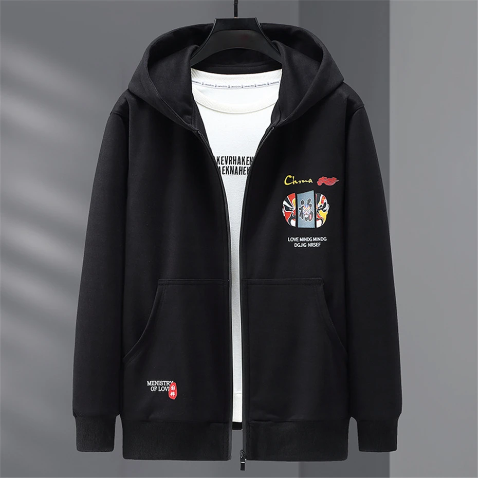 Plus Size Sets Men Tracksuit Jogger Sportswear Spring Autumn Suit Peking Opera Print Sweatpants Zippered Hoodie Plus Size 11XL