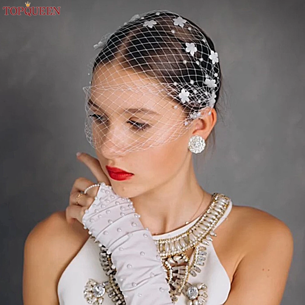 TOPQUEEN VA15 Mini Bridal Veils Blusher Veil Wedding Birdcage Veil with Pearls on the Two Combs Bachelorette Party Accessories