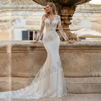 Abiti da sposa vintage da donna Sirena sexy girocollo Eleganti applicazioni a maniche lunghe Abiti da sposa principessa Robe de personalizzato