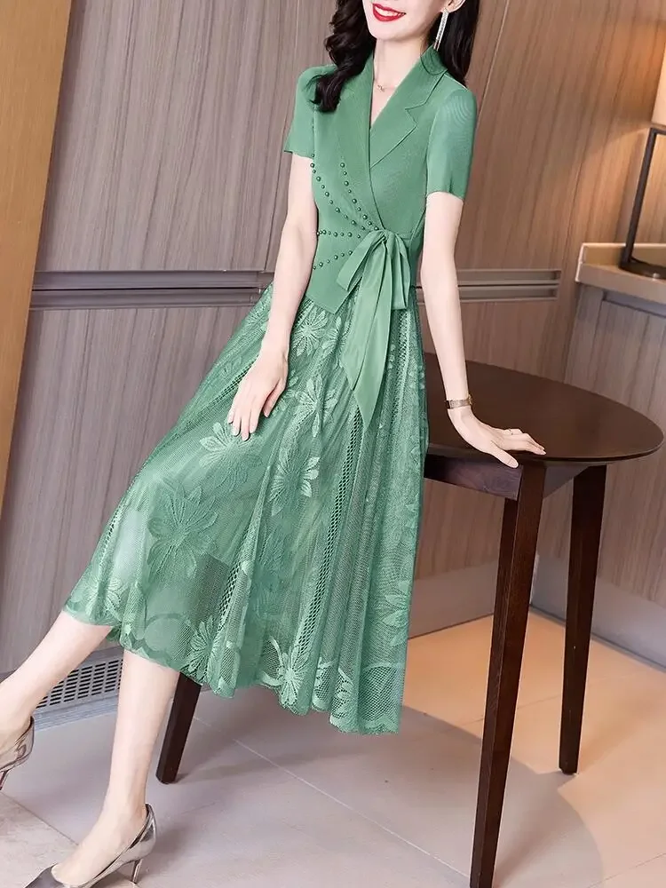 Robe jupe plissée à manches courtes pour femme