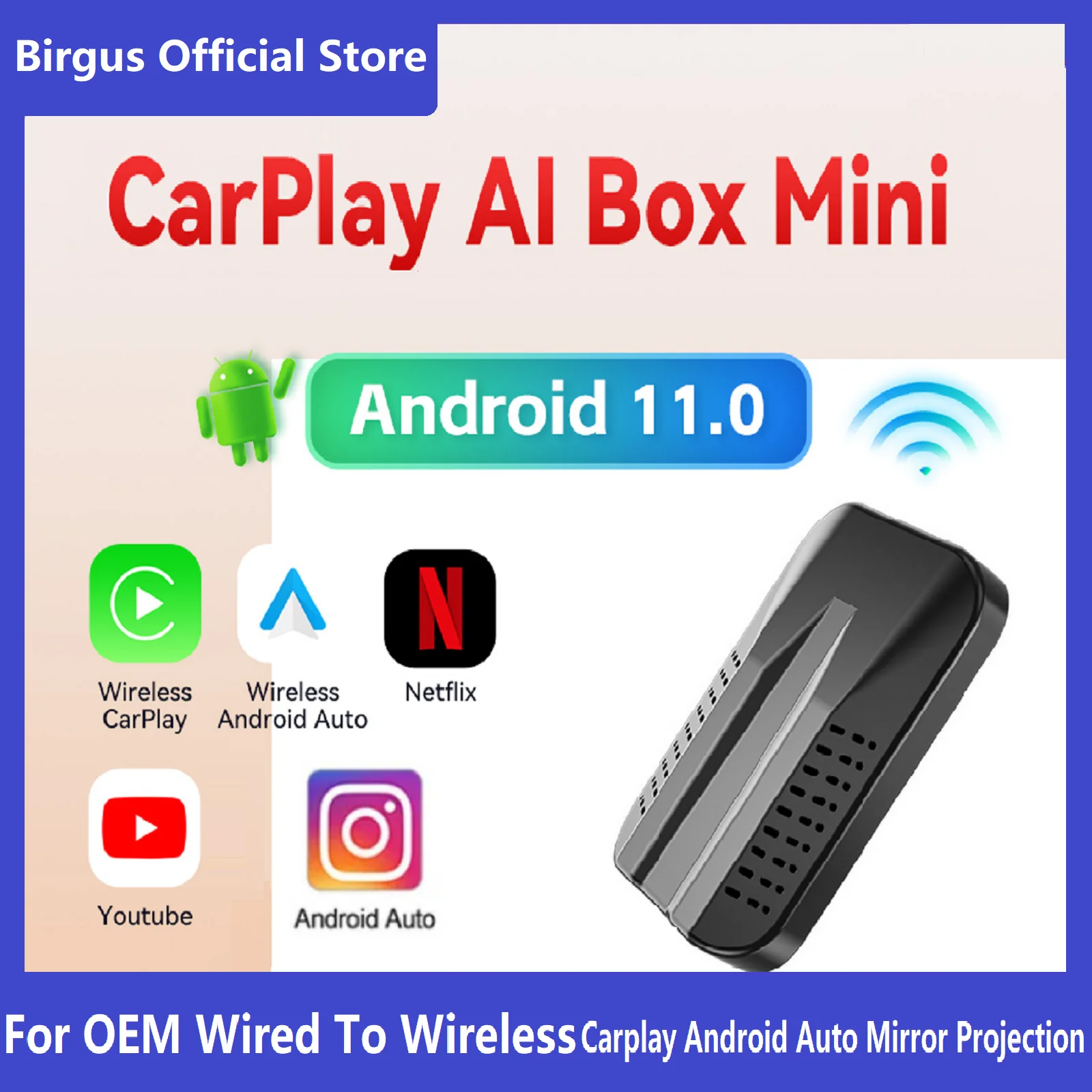 

Birgus CarPlay Mini Ai TV Box 2+16G Android Auto 11.0 Chip Wireless CarPlay Android Auto For Audi Mazda Toyota Netflix YouTube