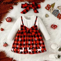 Baby Christmas Dresses For Girls Big Bow Plaid Deer Dress New Year Costume Baby Kids My First Christmas Clothes 1