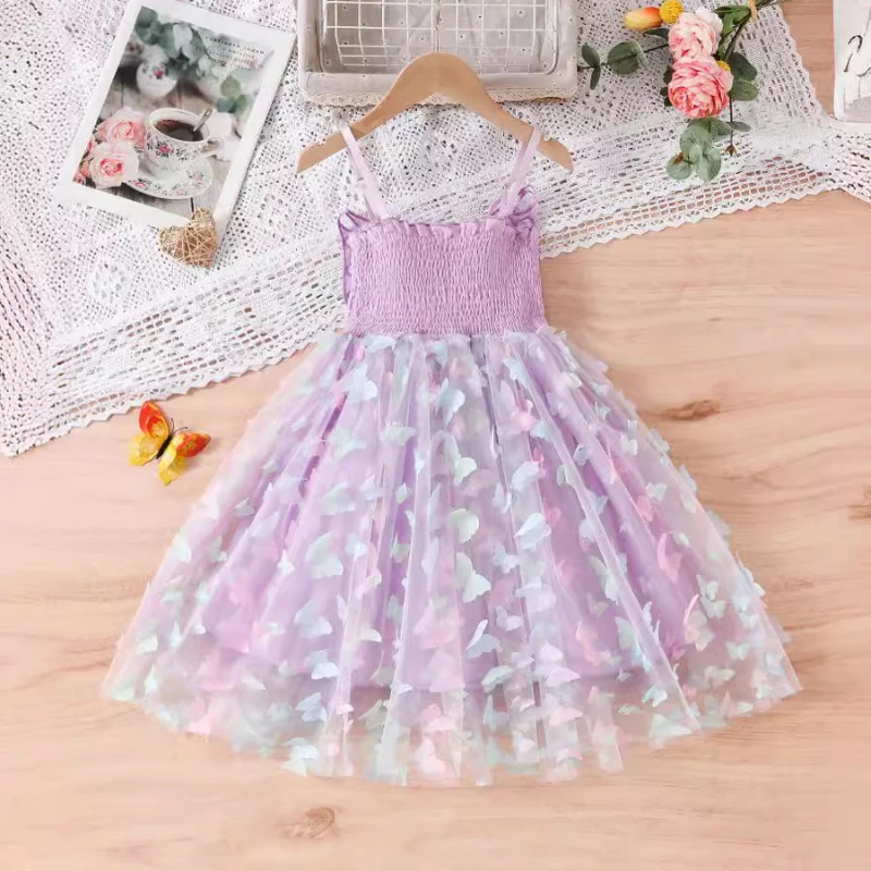 2024 Girls Purple Butterfly Dress Summer Children Colorful