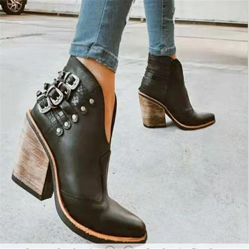 

Botas Mujer 2022 Female Autumn Winter PU Leather Cowboy Ankle Boots Buckle Women Wedge High Heel Booties Punk Women Boots