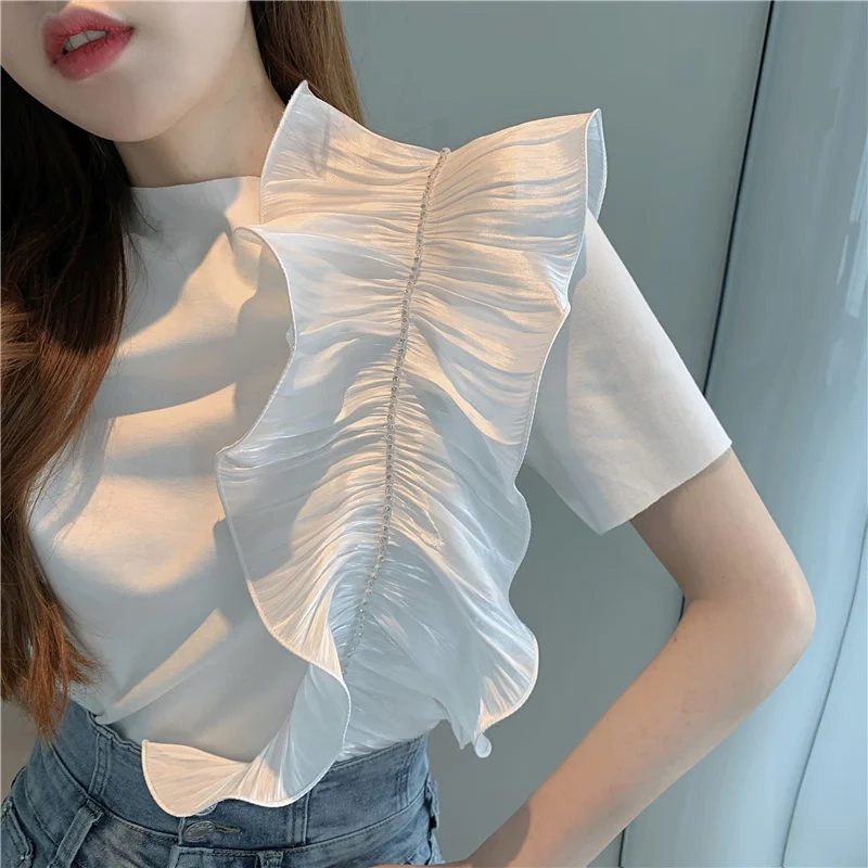 

Fashion Design Ruffles White Women T-Shirts Summwr New 2022 O-Neck Short-Sleeved Elegant Office Lady Pulls Tops Tees