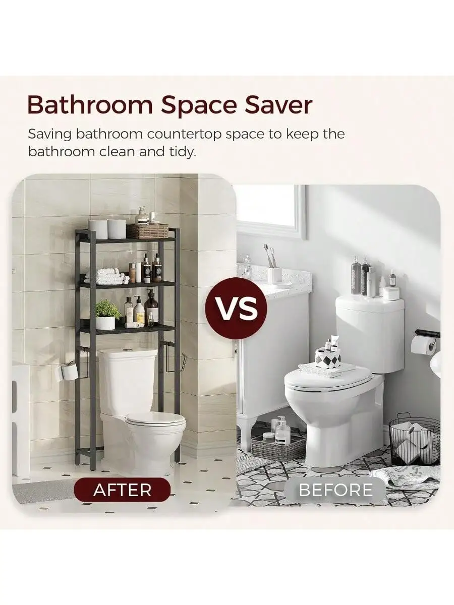Over The Toilet Storage Rack 3 Tier Bathroom Organizer Over Toilet Freestanding Space Saver Toilet Stand with 2 Hooks Ba 6