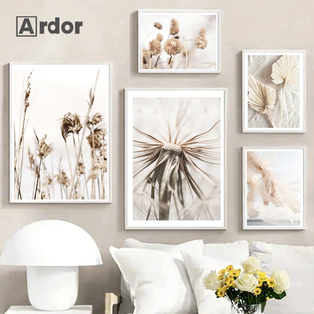 

Beige Flowers Wall Poster Hay Reed Tree Art Print Dancer Canvas Painting Sand Beach Nordic Wall Pictures Living Room Home Decor