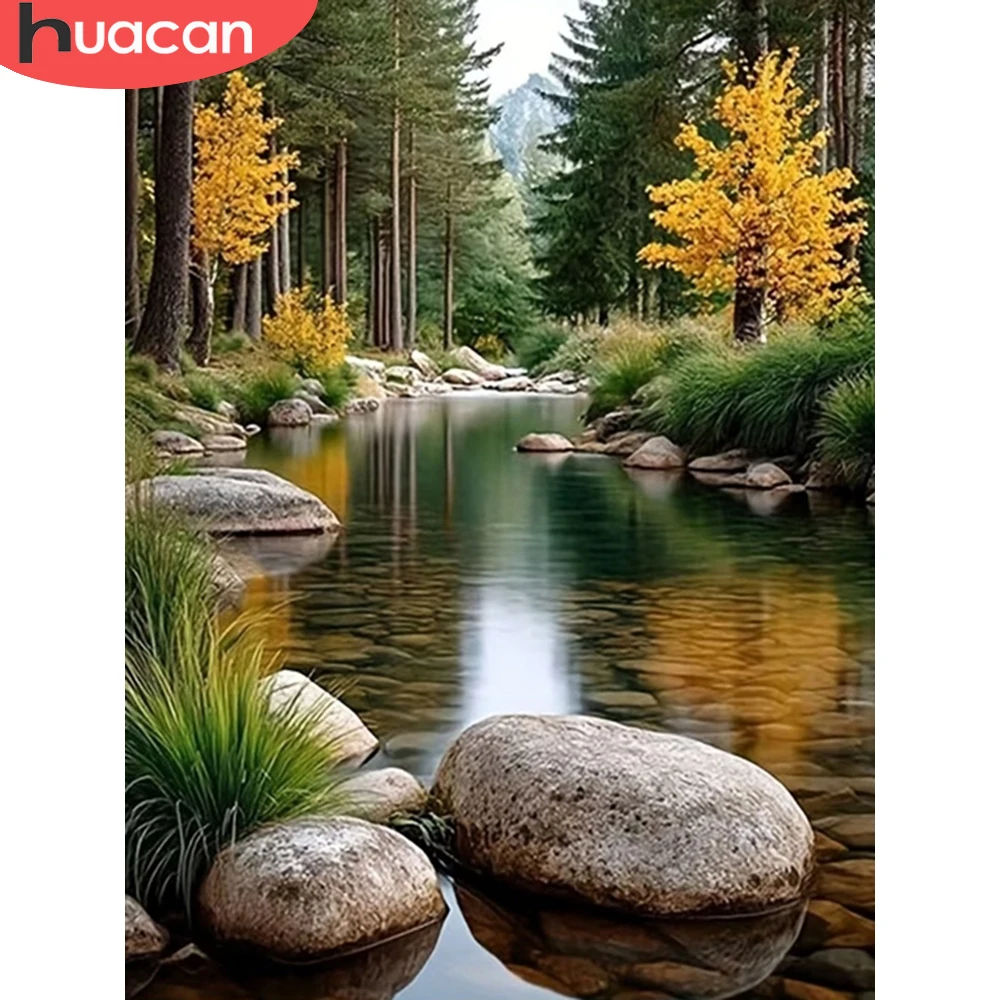 HUACAN 풀 키트 숲 가을 다이아몬드 모자이크 호수 강 홈 데코 라인스톤 ..