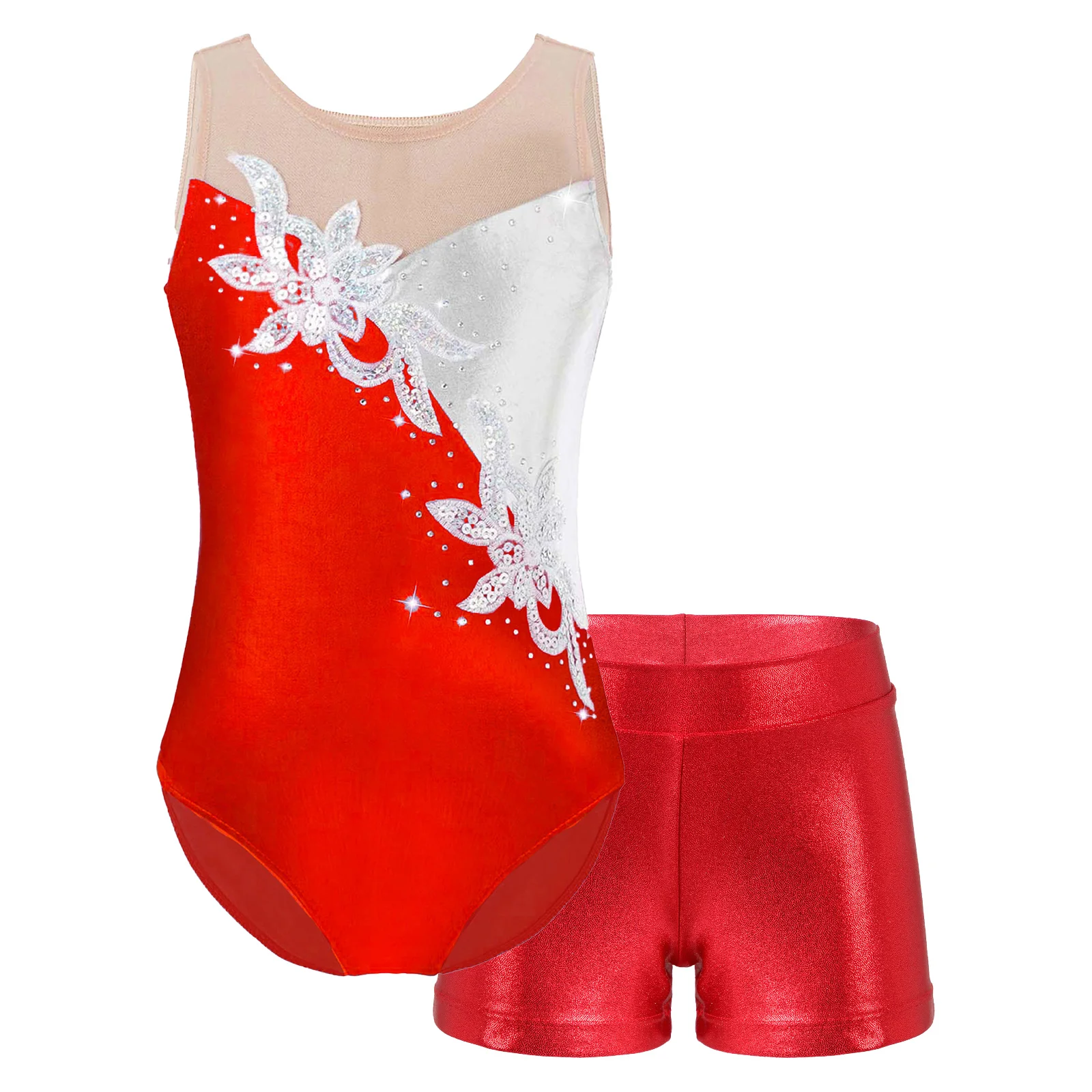 Two-piece Kids Girls Gymnastic Metallic Mesh Ballet Dancewear  Patchwork Glitter Sequin Diamonds Leotard with Shorts Stage Show