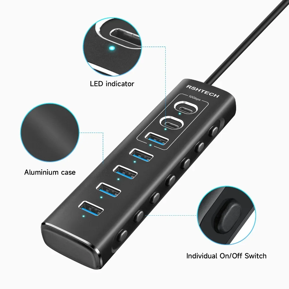 RSHTECH Powered USB Hub 7Port 10Gbps USB 3.2 Type C Individual ON/OFF Switches Adapter Aluminum USB Expander for Laptop PC 4