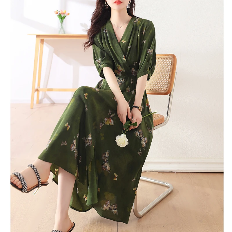 

2023 Summer Middle-aged Women V-neck Printed Dress Fashionable Korean Version Hot Selling Short Sleeve Womenswear Clothing T396