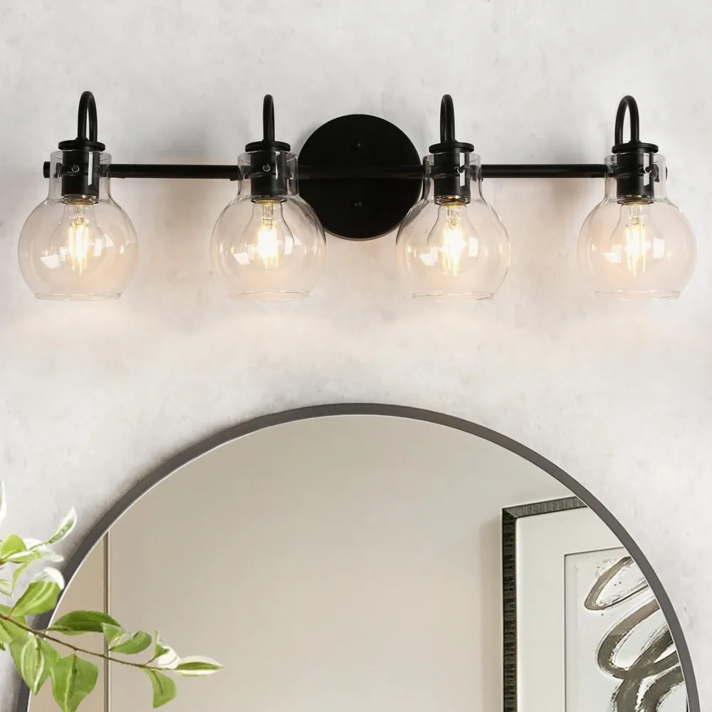 

Black Bathroom Light 4 Dressing Lamps with Clear Glass Mirror Shade for Hallway Kitchen Bedroom and Living Room