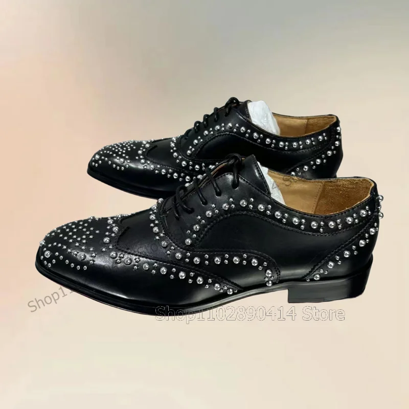 

Silver Rivets Decor Black Strappy Square Toe Loafers Fashion Lace Up Men Shoes Luxurious Handmade Party Office Men Dress Shoes