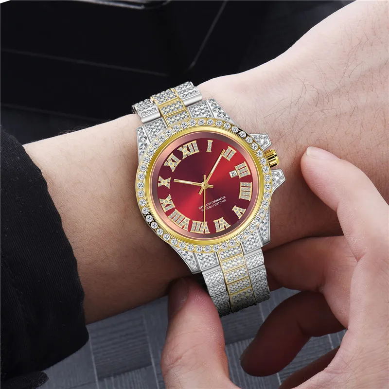 Men Big Original Brand Diamond Luxury Watches Fashion Alloy Band Hip Hop Golden Date Quartz Watch Reloj Hombre Acero Inoxidable