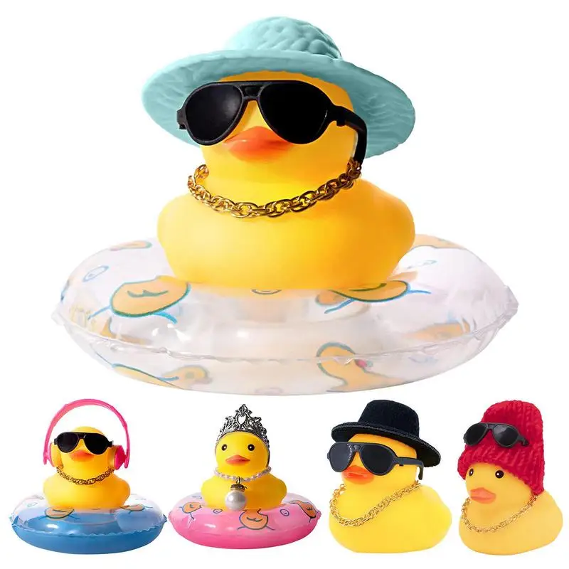 

Car Duck Car Rubber Dashboard Decorations Ornament Yellow Duck With Mini Swim Ring Sun Cowboy Hat Necklace For Auto Office