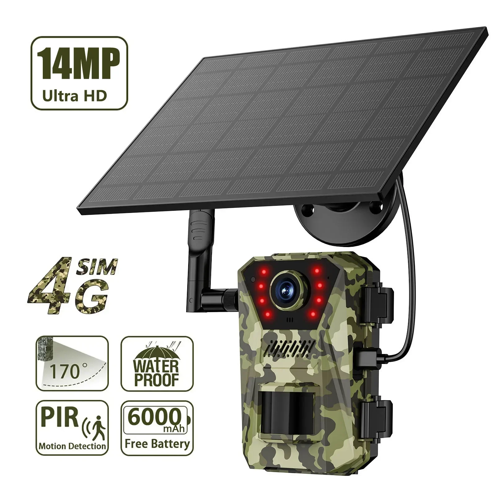 Caméra de chasse solaire 4G 14MP, étanche, détection de mouvement PIR 20M, caméra de suivi de la faune en extérieur, vision nocturne infrarouge 940nmh