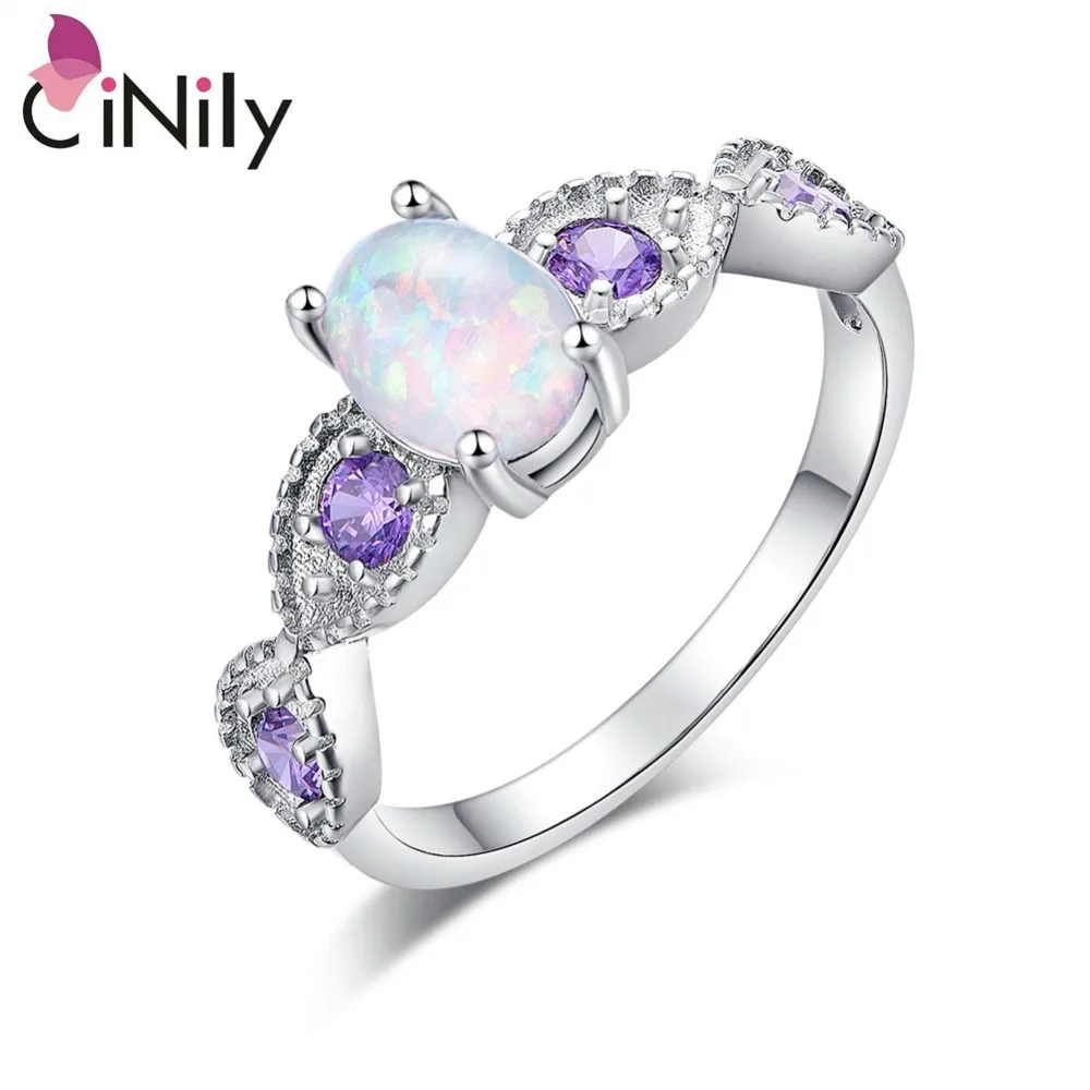 Woman Wedding Rings Womens Ring Jewelry Rings Ring Jewelry White Fire Opal Oval Stone Silver Plated Lilac Purple Zirconia Crystal CiNily