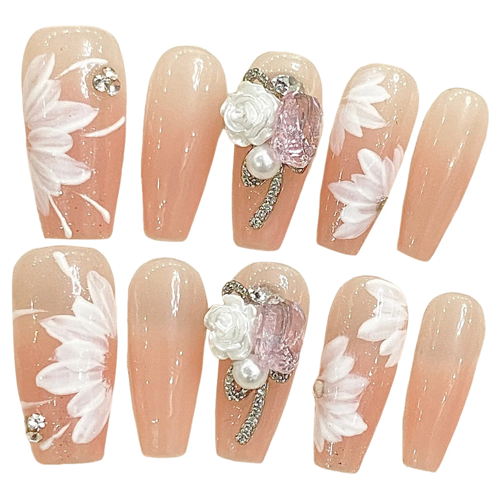 

Long Square Finished Nail Tips Spring Daisy Pattern Handmade Fake Nails for Shopping Traveling Dating
