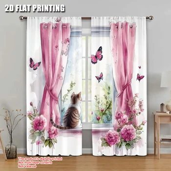 2 pezzi 2D stampa piatta Tenda Scena Animale Gatto Tessuto versatile senza elettricità Versatile per l'arredamento della camera estetica 1