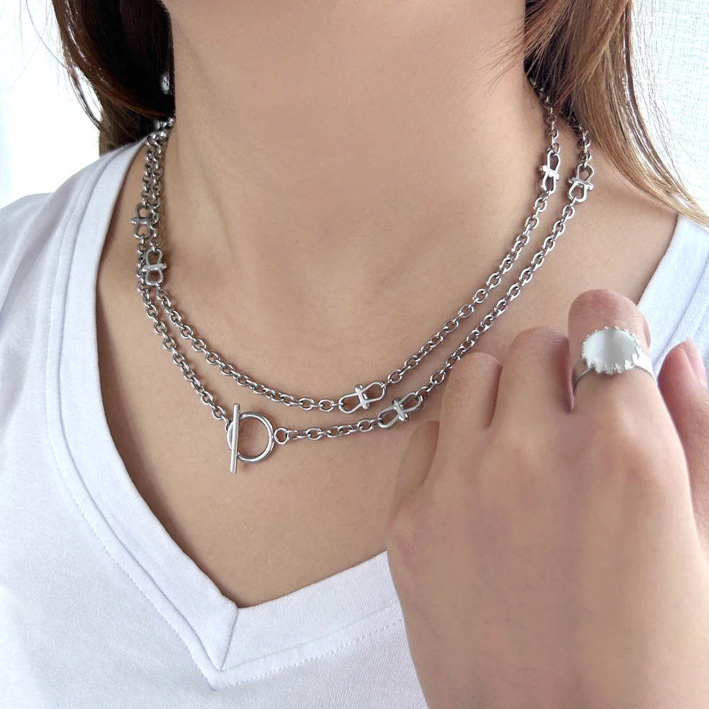 

European High Quality Layered Long Necklace Gold Silver Color Stainless Steel Fashion Sweater Chain for Women Friendship Jewelry