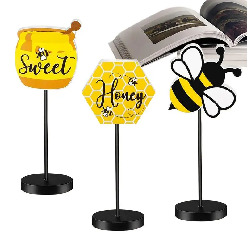 

Bee Wood Table Sign 3 Pieces Honey Standing Table Sign Freestanding Rustic Bee Table Topper Summer For Bee Tiered Tray Party