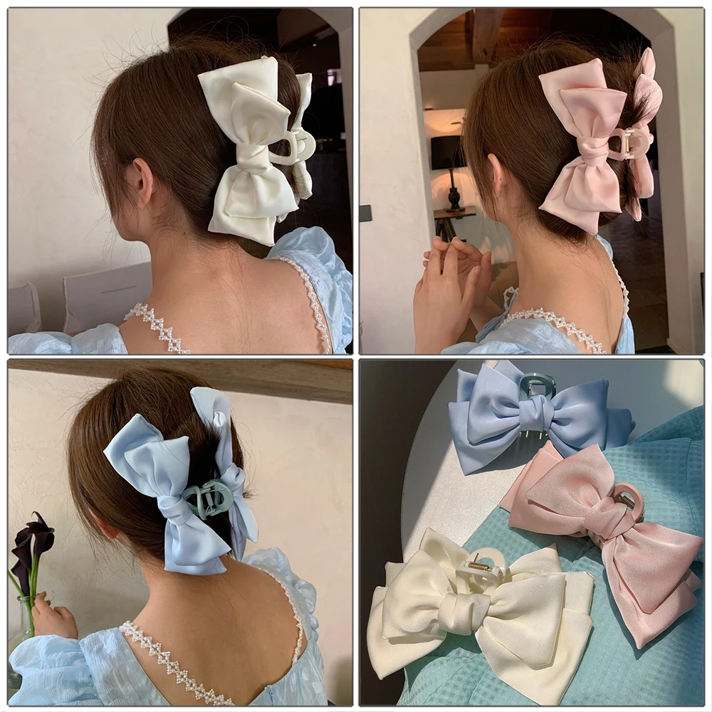 Haimeikang Satin Bow Hair Claws Crab Girls Sweet Ponytail Hairpin Hair Claw Solid Color Fashion Hair Clips Hair Accessories