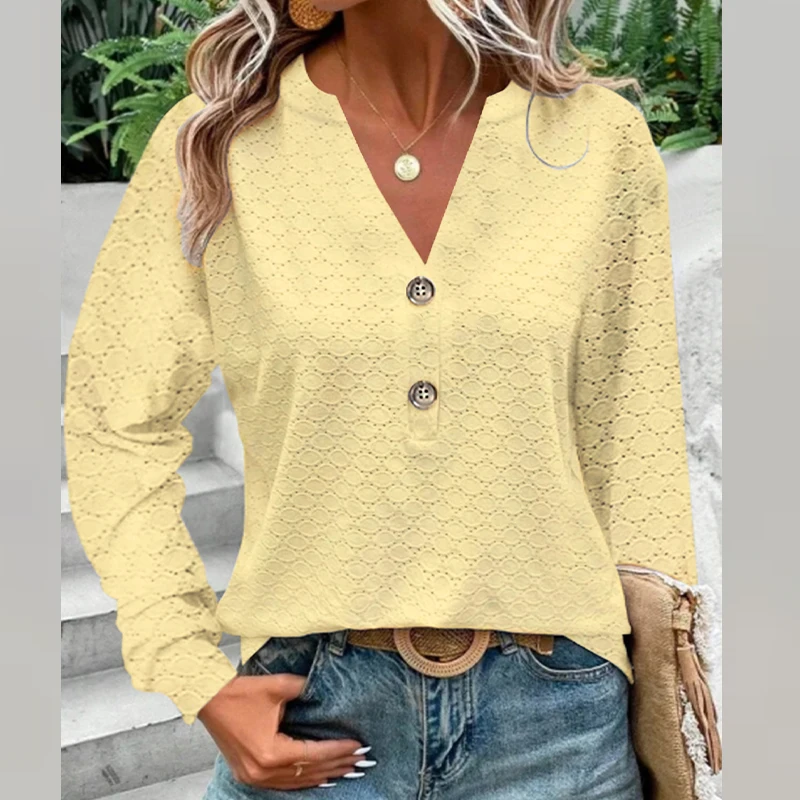 Autumn Elegant Fashion Casual Shirt Women Minimalist Sports Chic Long Sleeve V Neck Button Hook Flower Hollow Loose Casual Top