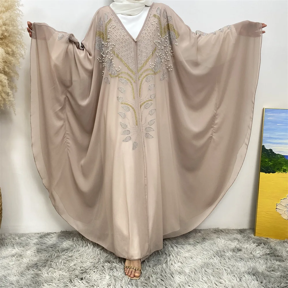 

Open Abaya Muslim Women Diamond Beads Kimono Bat Sleeve Dress Turkey Dubai Islamic Eid Ramadan Arab African Robe Morocco Abayas