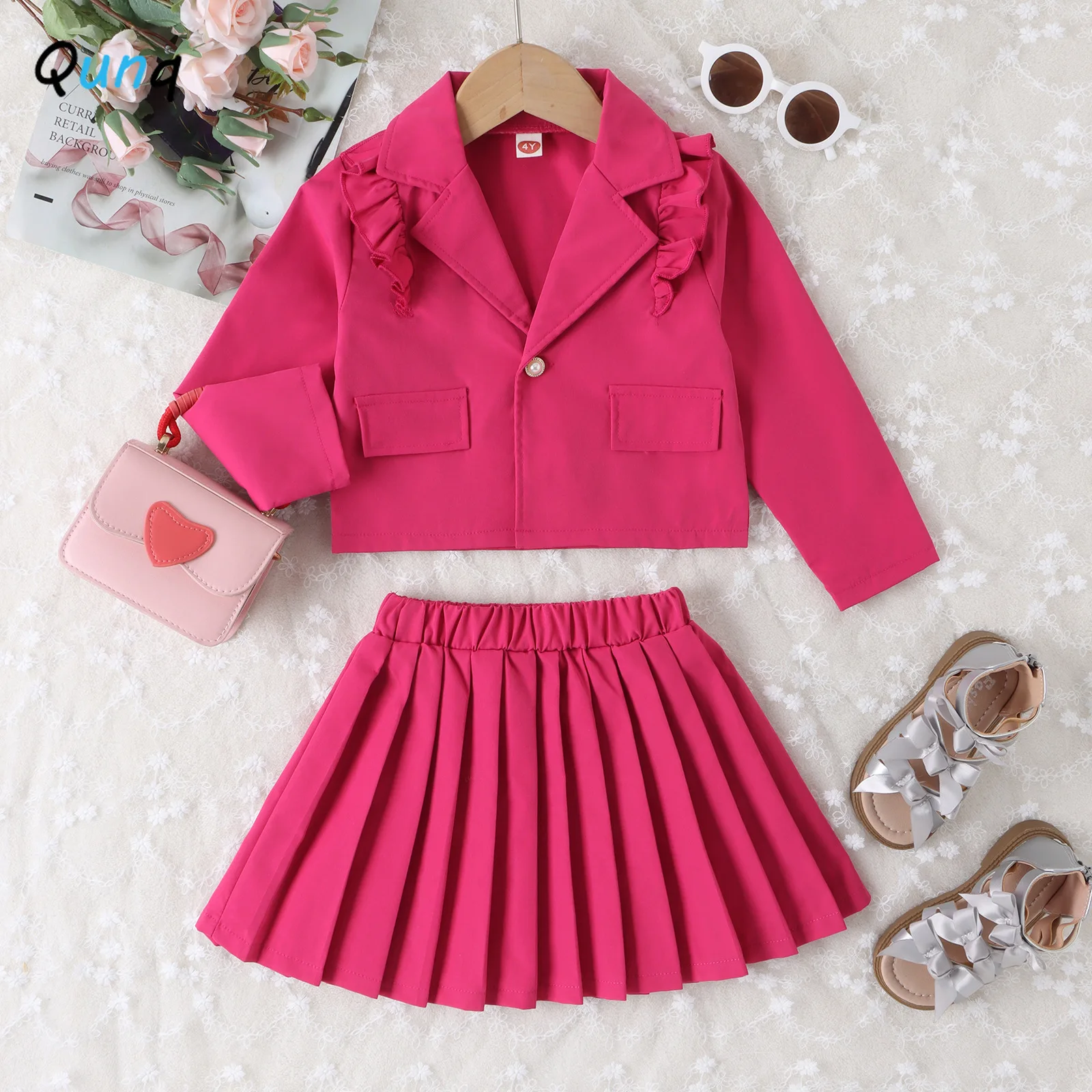 

Qunq 2023 Autumn New Girls Lacework Splice Lapel Long-Sleeved Suit Coat+Pleated Skirt 2 Pieces Set Casual Kids Clothes Age 3T-8T