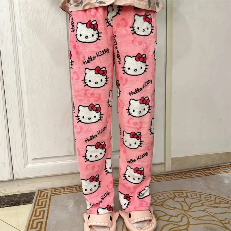 Sanrio Hello Kitty Fleece Pajama Pants Women Casual Home Trousers Kawaii Anime Cartoon Birthday Gift