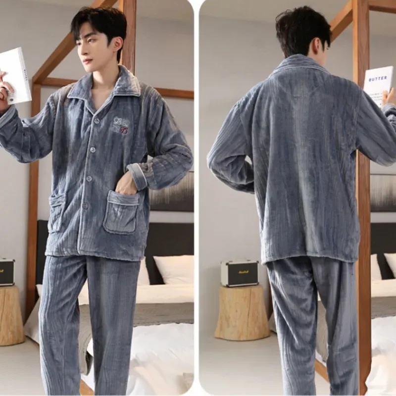 2024 New Men Pajamas Autumn Winter Warm Homewear Young People Can Wear Flannel Sleepwear Thicken Loose V-neck Warm Loungewear