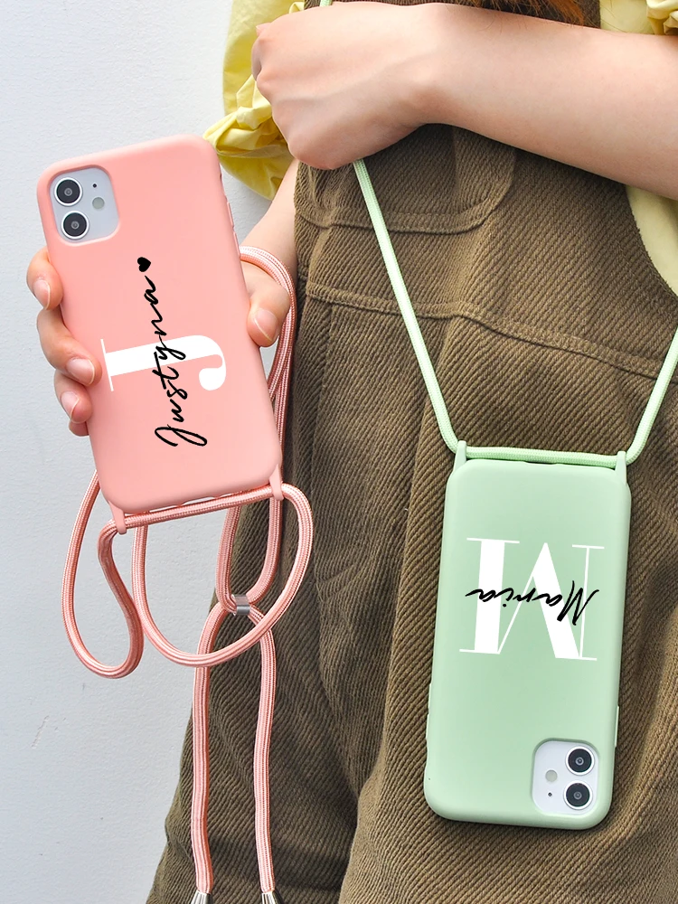 

Custom Name Crossbody Necklace Strap Lanyard Cord Liquid Silicone Phone Case for iPhone 13 12 11 Pro Max X XS XR 7 8 Plus Cover