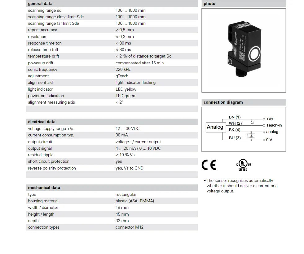 BAUMER Ultrasonic distance measuring sensors /Photoelectric Sensor 11110575 (11110575)