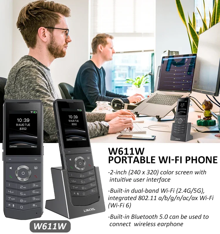 W611W Wireless Portable Wi-Fi Phone Wireless Voip Phone ColorLCD 2SIP Lines Wi-Fi 2.4GHz & 5GHz Wi-Fi6 BT5.0